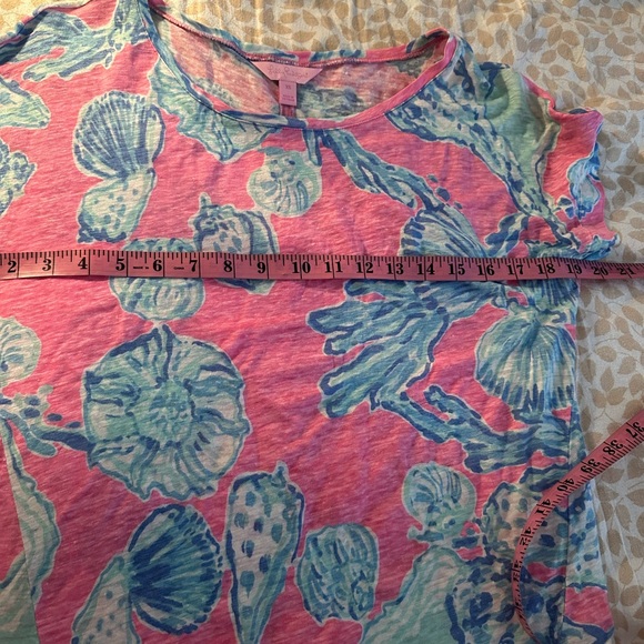 Lilly Pulitzer Mikela Pink Pout Barefoot Princess Blue Shells 100%Linen Shirt XS - Picture 14 of 15